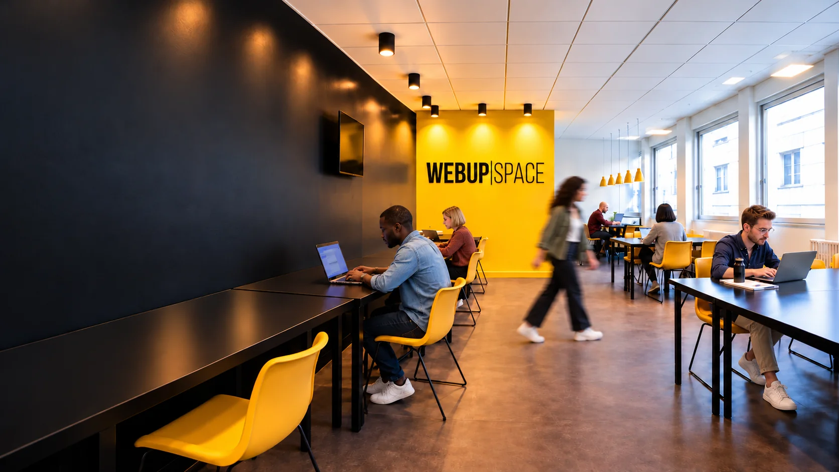 L'open space du Webup Space : des coworkers au travail devant le mur jaune au logo.