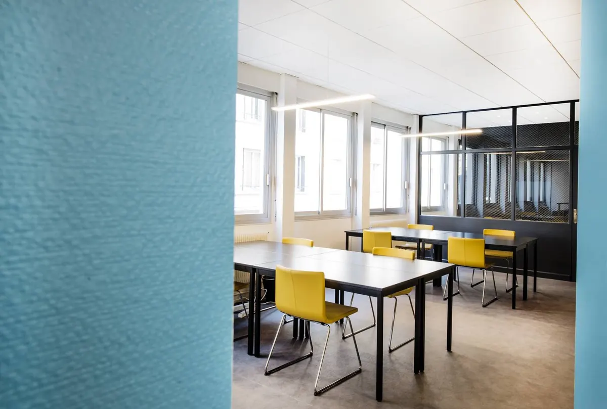 Les tables de l'open space le long des fenêtres, à côté d'un panneau acoustique bleu.